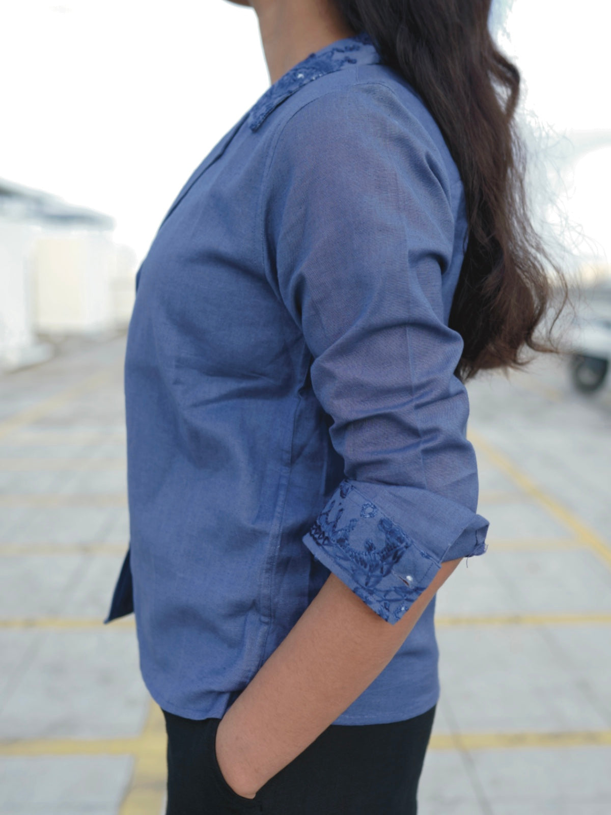 Kutch Embroidered Hemp Shirt - Navy Blue